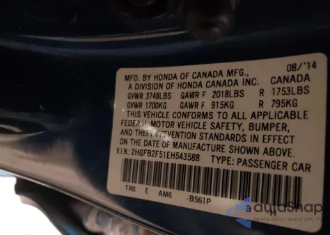 2014 Honda Civic Lx из США, поврежденный, VIN 2HGFB2F51EH543588